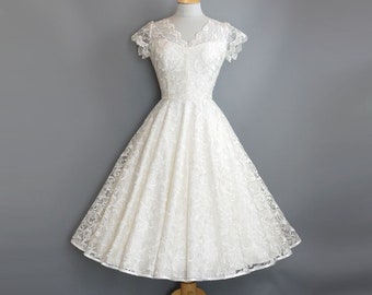 Ivory Bluebell Lace Princess Bodice Tea Length 1950s Wedding Dress - Made by Dig For Victory