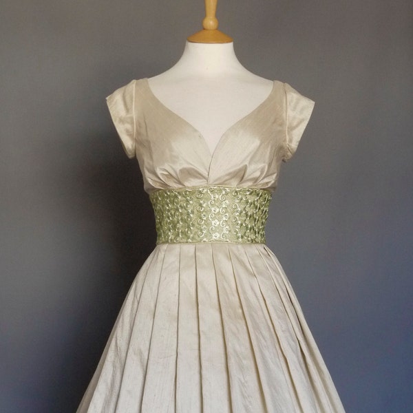 Champagne Silk Dupion & Green Lace Sweetheart Tea Length Wedding Dress - Made by Dig For Victory