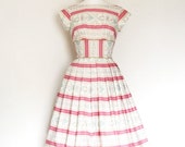 Size UK 10 (US 6-8) - Pink and Cream Decorative Striped Cotton Dress- Made by Dig For Victory