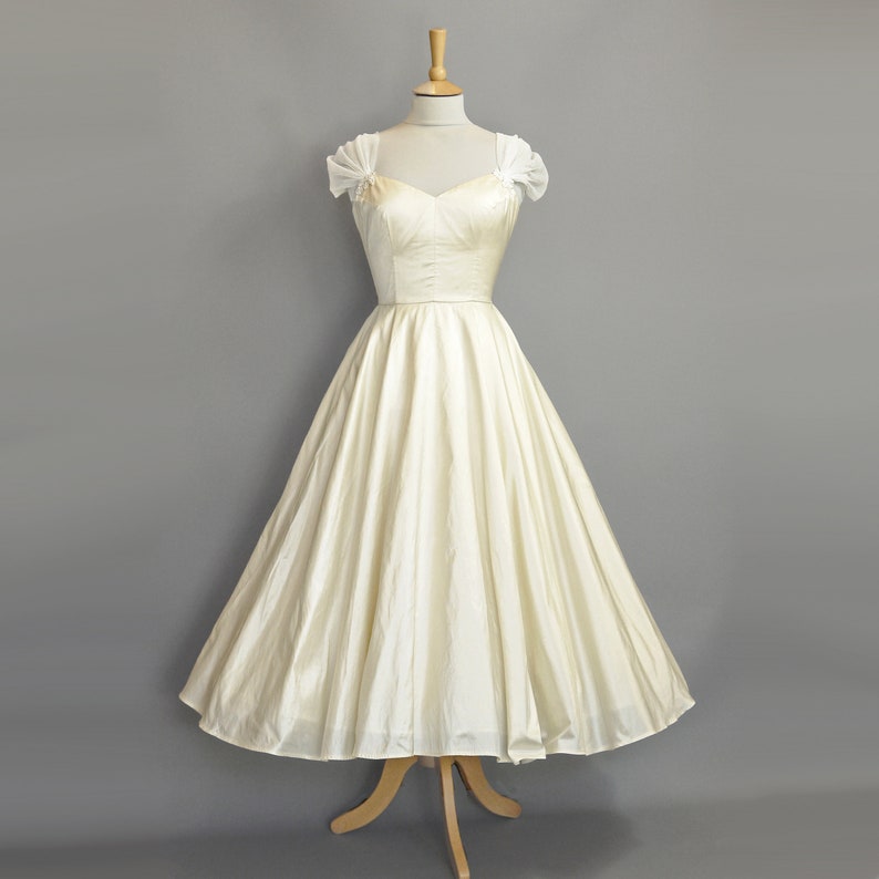 Vintage Inspired Wedding Dresses | Vintage Style Wedding Dresses     Bettina Wedding Dress in Champagne Silk Dupion - 1950s Tea Length Wedding Dress - Made by Dig For Victory  AT vintagedancer.com