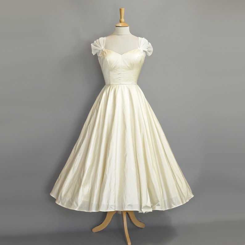 50s Wedding Dress, 1950s Style Wedding Dresses, Rockabilly Weddings     Bettina Wedding Dress in Champagne Silk Dupion - 1950s Tea Length Wedding Dress - Made by Dig For Victory  AT vintagedancer.com