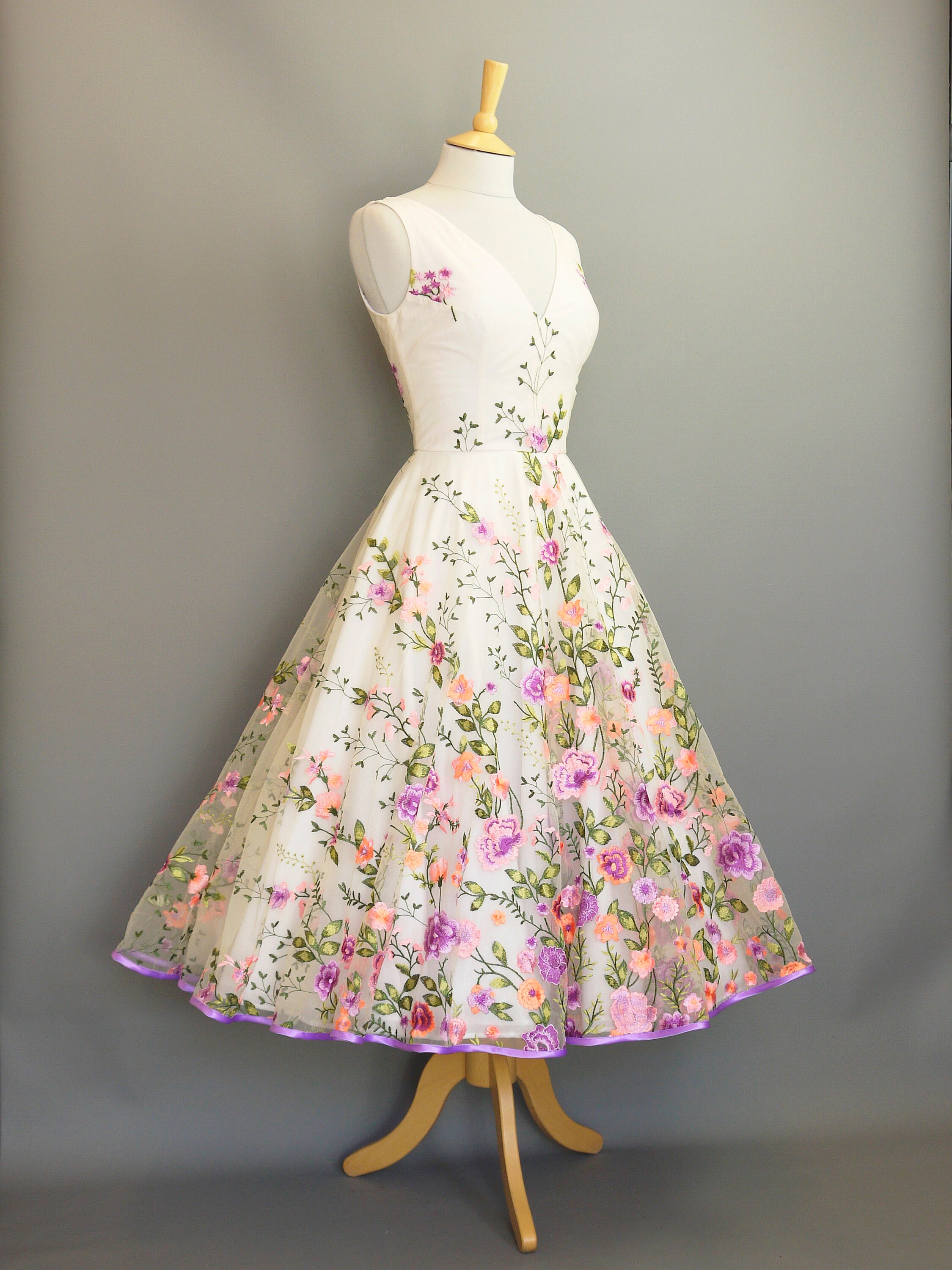 purple tea length wedding dress Lavender High Low Off-the-shoulder Tulle Wedding Dress Mesh With Flowers