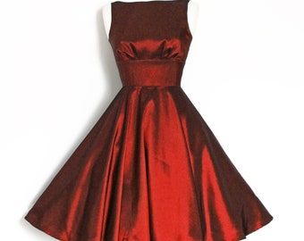 Cranberry Red Taffeta Boat Neck Dress with 1950s Full Circle Skirt  - Made by Dig For Victory