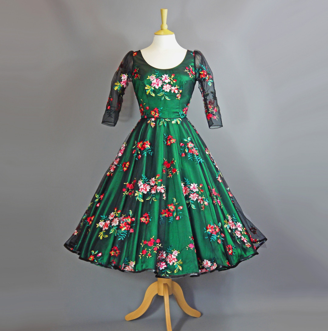 black 1950s lace floral swing dress YeJammarp Woman Vintage 1950s Swing Dress Floral Lace Boatneck Sleeveless Party Cocktail Midi Dress Tea Length Retro Gowns (xl, Black), Women's
