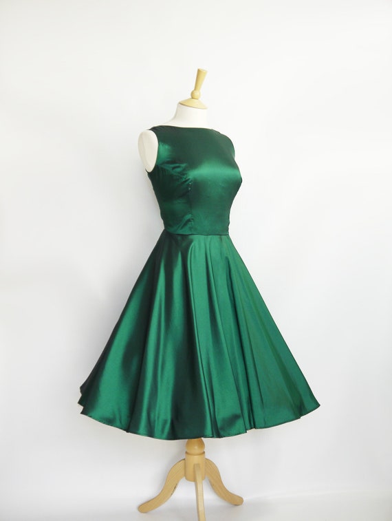 Size UK 16 (US 12-14 / EU 44) - Emerald Green Taffeta Sabrina Swing Dress - Made by Dig for Victory