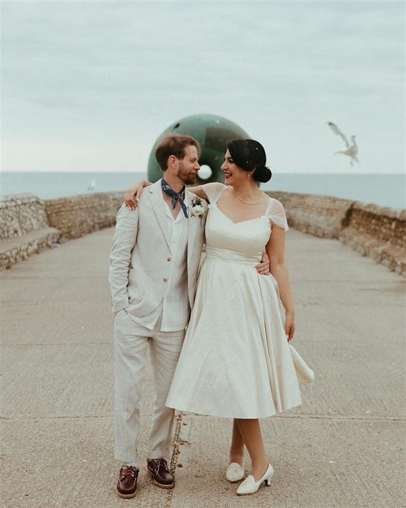 Starry Bettina Wedding Dress in Astra Sequin Lace & Champagne Silk Dupion 1950s Tea Length Wedding Dress Made by Dig For Victory image 8