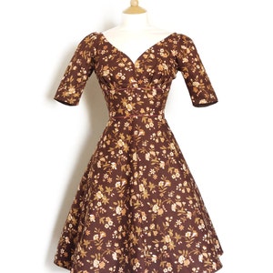 Chestnut Brown Floral Cotton Sweetheart Tea Dress with Elbow Length Sleeves - Made by Dig For Victory