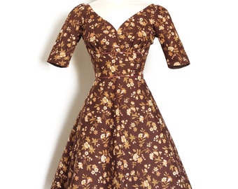 Chestnut Brown Floral Cotton Sweetheart Tea Dress with Elbow Length Sleeves - Made by Dig For Victory