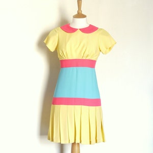 Size UK 10 US 6-8 Yellow, Pink and Blue Pop Drop-Waist Dress Made by Dig For Victory image 1