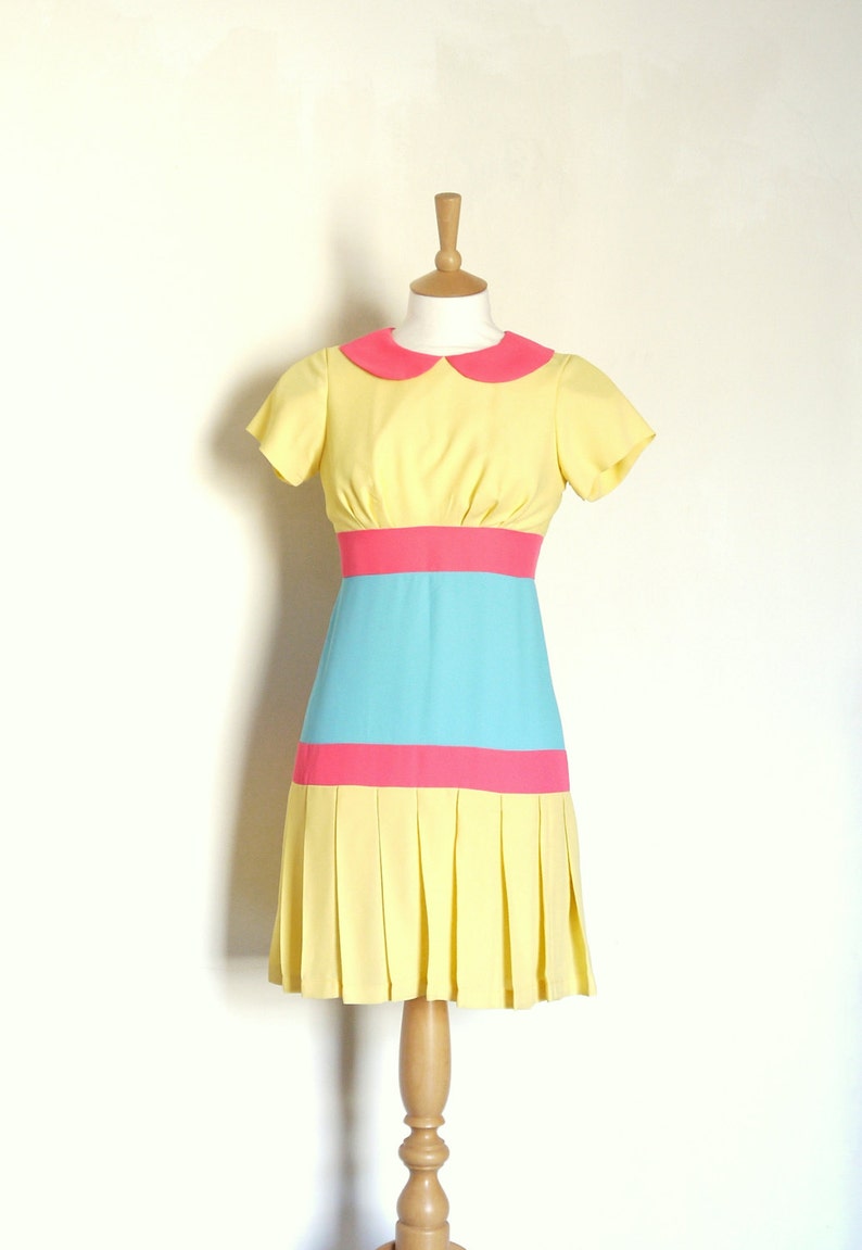 Size UK 10 US 6-8 Yellow, Pink and Blue Pop Drop-Waist Dress Made by Dig For Victory image 1
