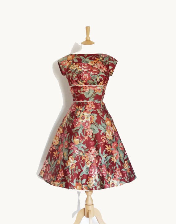 cotton tea dresses Leafy Floral Print Cotton Tiffany Tea Dress With A-line Skirt - Made by Dig  for Victory