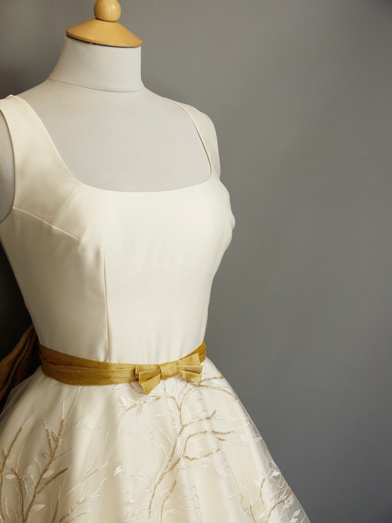 Isabella Satin Wedding Dress in Gold Sequin Willow Lace - 1950s Tea Length Wedding Dress - Made by Dig For Victory