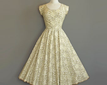 UK Size 18/ US 16/ EU 46 - Senorita Dress in Gold and Silver Lotus Print Waxed Cotton - Made by Dig For Victory