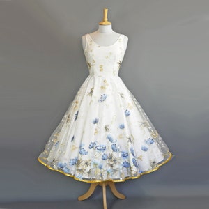 Blue & Gold Poppy Lace Scoop Neck 1950s Tea Length Wedding Dress - Made to order by Dig For Victory