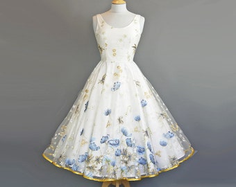 Blue & Gold Poppy Lace Scoop Neck 1950s Tea Length Wedding Dress - Made to order by Dig For Victory