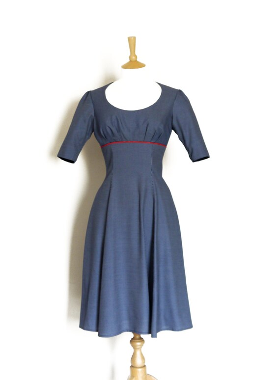 Size UK 10 (US 6-8) - Navy Stripe High Waisted Tea Dress with Red Piping - Made by Dig for Victory