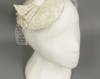 Silver & Pearl Brocade Pillbox Hat Fascinator with Birdcage Veil - Wedding - Made by Dig For Victory!
