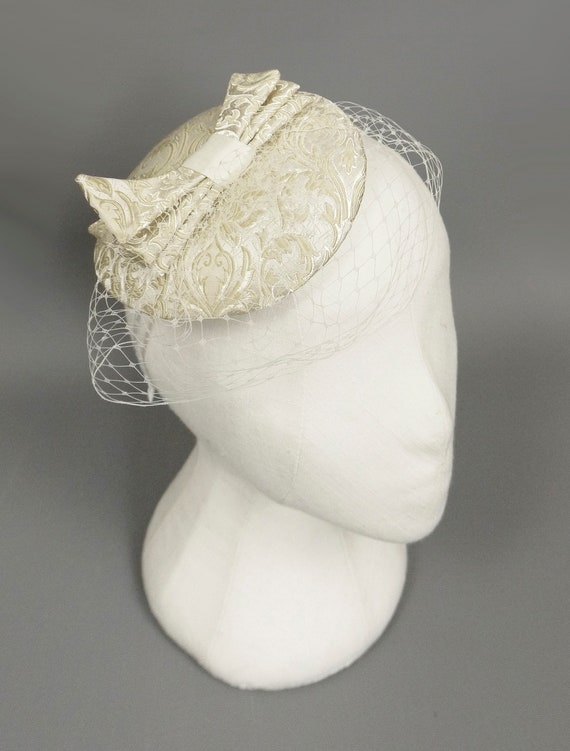 Vintage white satin and brocade pillbox, wedding Vintage 1960s Brocade Wedding Dress: Saks Fifth Avenue  main image 4
