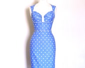 Dusky Blue Polka Dot Bustier Pencil Dress - Made by Dig For Victory