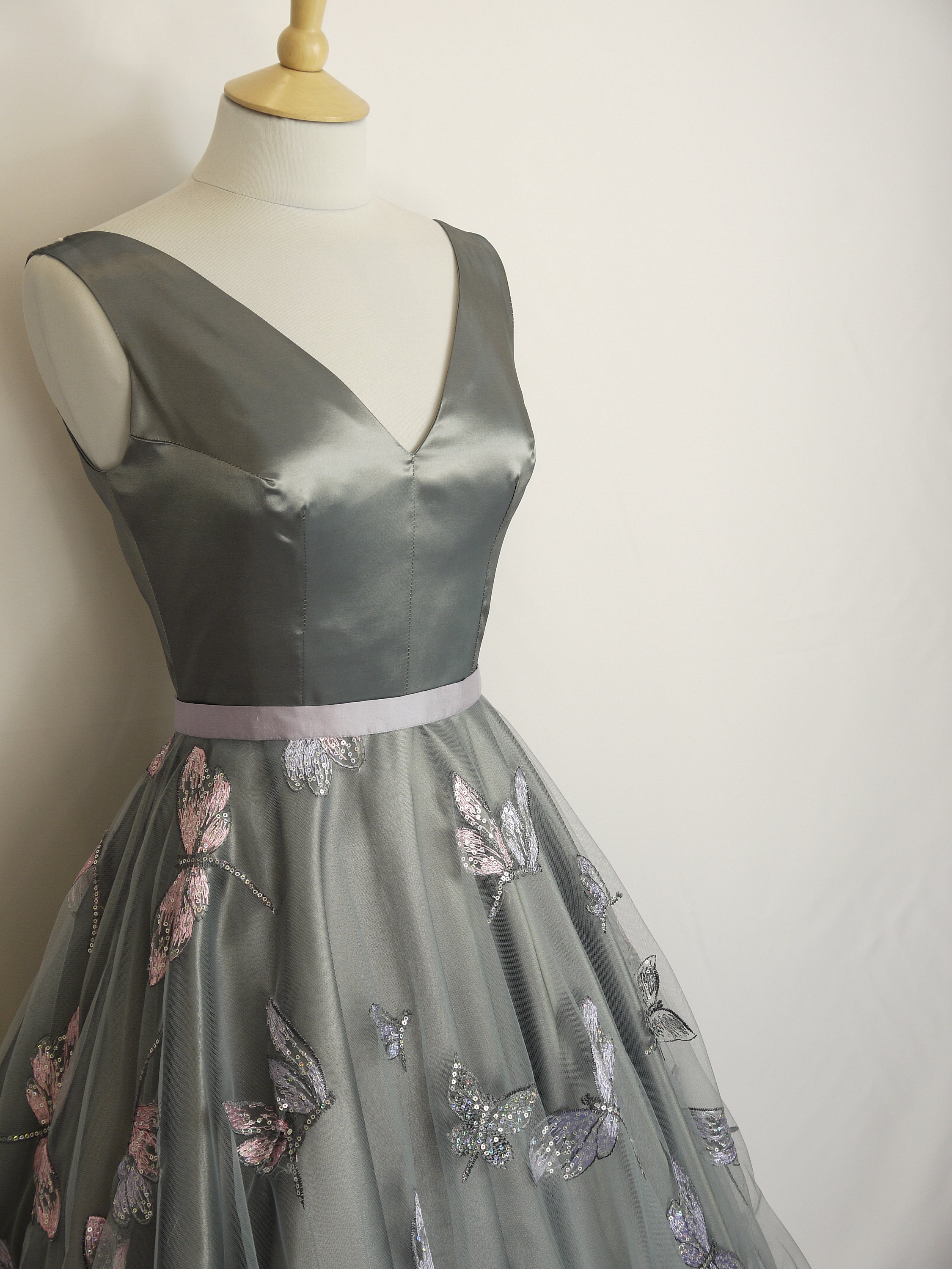 Pewter Shot Taffeta V-neck Tea Length Swing Dress - 1950s Dress