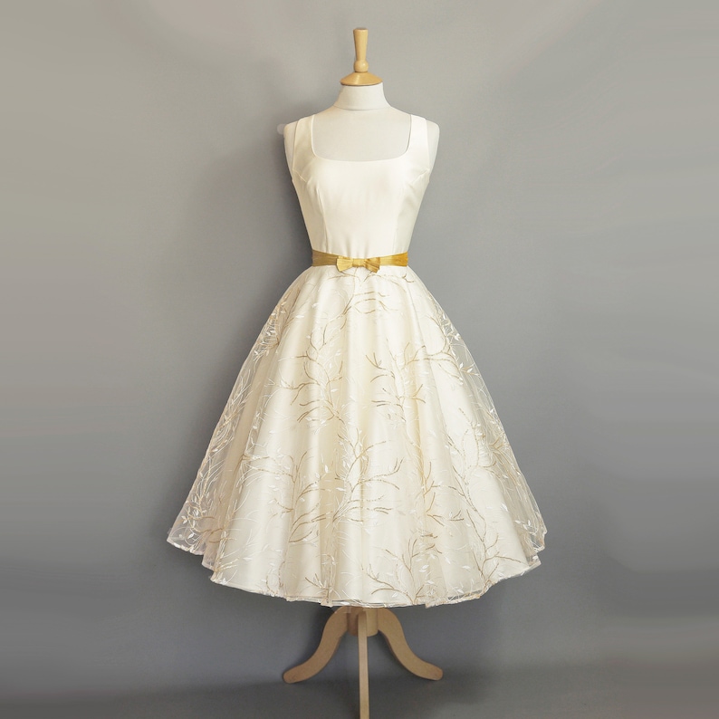50s Wedding Dress, 1950s Style Wedding Dresses, Rockabilly Weddings     Isabella Satin Wedding Dress in Gold Sequin Willow Lace - 1950s Tea Length Wedding Dress - Made by Dig For Victory  AT vintagedancer.com