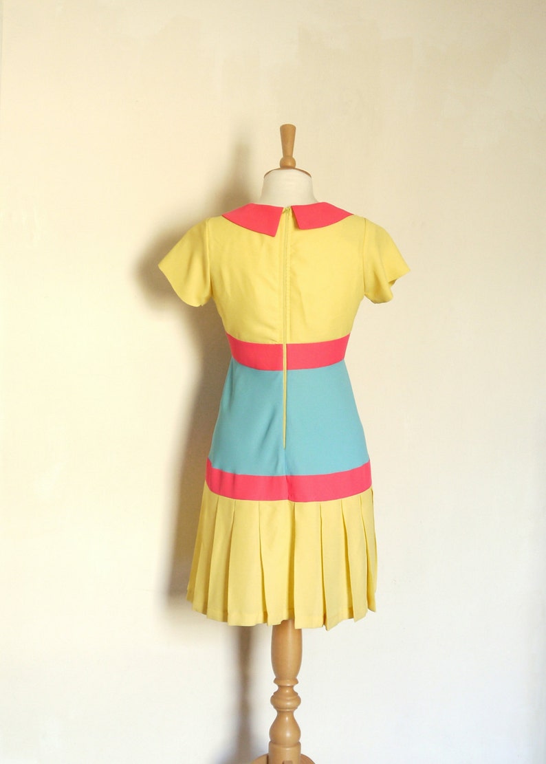 Size UK 10 US 6-8 Yellow, Pink and Blue Pop Drop-Waist Dress Made by Dig For Victory image 3