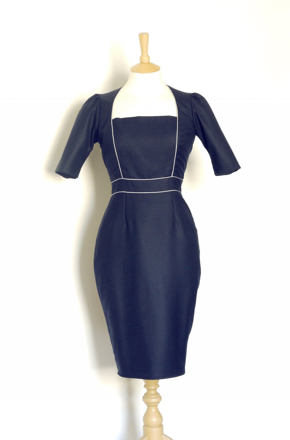 Image of Size Uk  | Us - - Navy Wool Square Panelled Pencil Dress Made By Dig For Victory