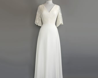 Delilah Wedding Gown in Ivory Wild Meadow Lace on matte crepe - Boho Soft Wedding Dress - Made by Dig For Victory