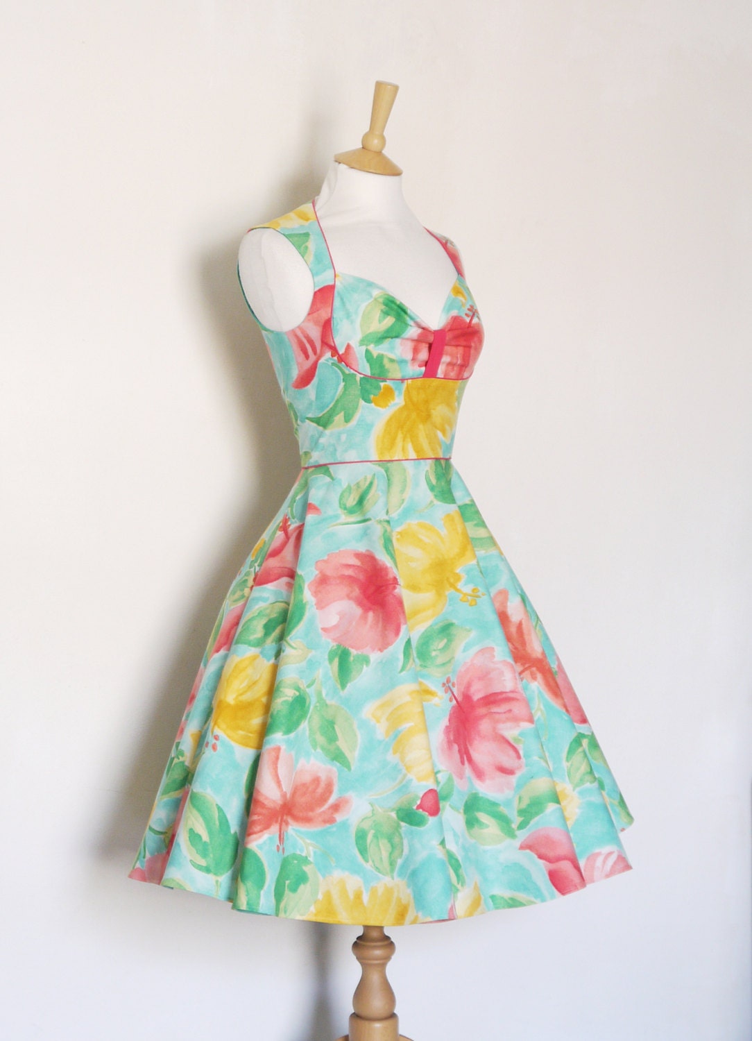 Pink & Aqua Floral Bustier Swing Dress With Flared Skirt - Etsy