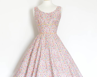 Fifties Pink and Blue Candy Ditsy Floral Cotton, Low Back Scoop Neck with full Circle Skirt