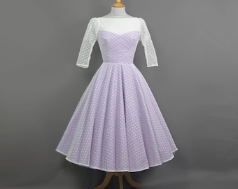 Grace Wedding Dress in Frosted Lavender Taffeta & Polka Dot Lace with Illusion Neckline Midi Length Circle Skirt - Made by Dig For Victory