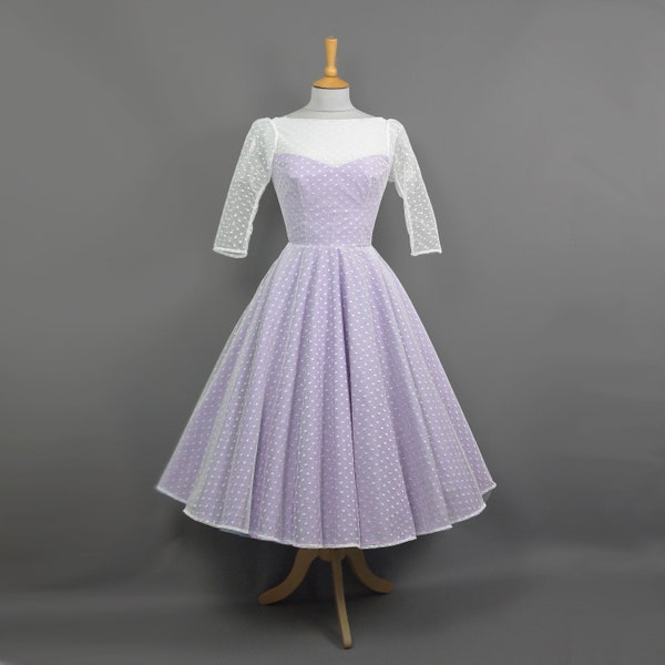 Grace Wedding Dress in Frosted Lavender Taffeta & Polka Dot Lace with Illusion Neckline Midi Length Circle Skirt - Made by Dig For Victory