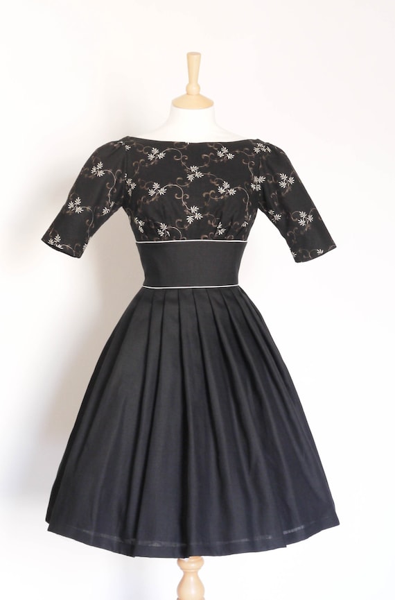 Black Floral Embroidered Linen Tiffany Prom Dress With Elbow Length Sleeve  - Made by Dig for Victory - Etsy