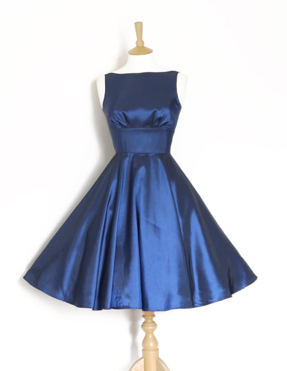 Size UK 16 US 12 14 EU 44 Blue Taffeta Evening Dress Tiffany Bodice Tea Length Circle Skirt Made by Dig for Victory Etsy Canada