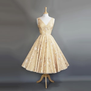 Celestial Wedding Dress - Sequin Lace & Gold Taffeta 1950s with Circle Skirt - Made To Order by Dig For Victory