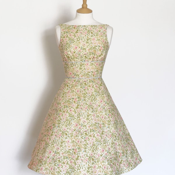 Lemon Yellow and Cream Floral Print Tiffany Dress with A-Line Skirt - made by Dig For Victory