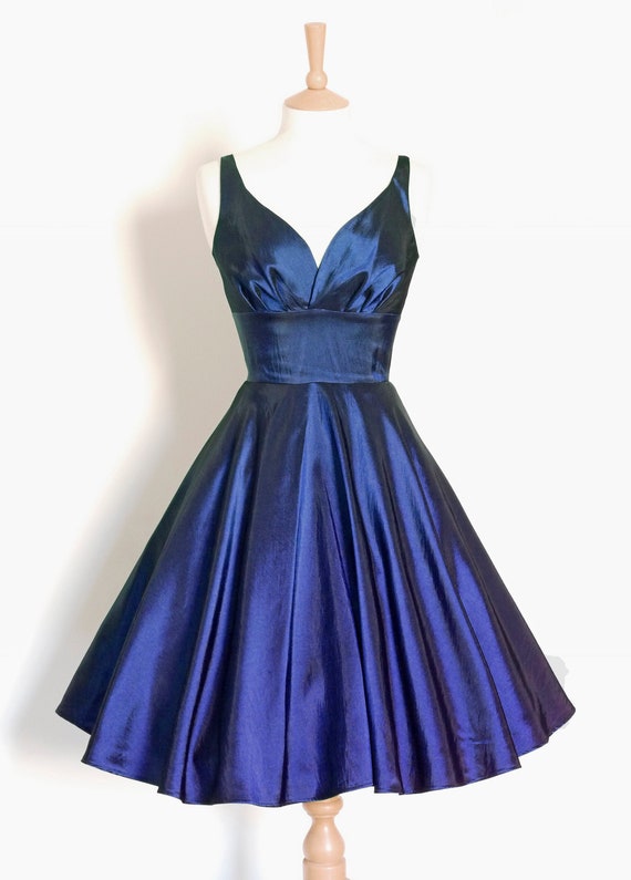 Midnight Blue Taffeta 50s Sweetheart Swing Dress Made by Dig for