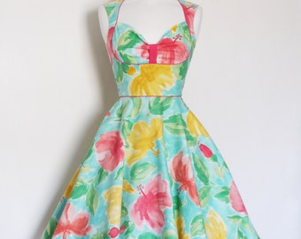 Pink & Aqua Floral Bustier Swing Dress with Flared Skirt - Made by Dig For Victory