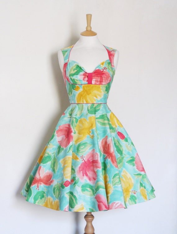 Pink & Aqua Floral Bustier Swing Dress with Flared Skirt - Made by Dig For Victory Pink & Aqua Floral Bustier Swing Dress with Flared Skirt - Made by Dig For Victory