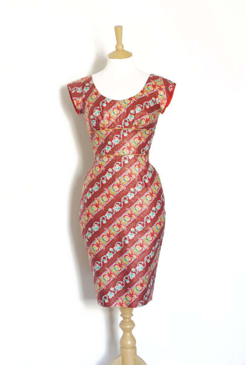 Cherry Red Diagonal Floral Stripe Scoop-neck Pencil Dress Made by Dig For Victory image 1