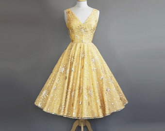 Gold Star & Moon Sequin Lace Wedding Dress in Rich Gold Taffeta 1950s with Circle Skirt - Made To Order by Dig For Victory