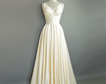 Monroe Duchess Satin Wedding Gown Sweetheart Neck & Full Skirt with pockets- Made To Order by Dig For Victory