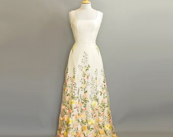 Yellow & Peach Dahlia Wedding Gown with Ivory Duchess Satin - 'Isabella' - Made to order by Dig For Victory