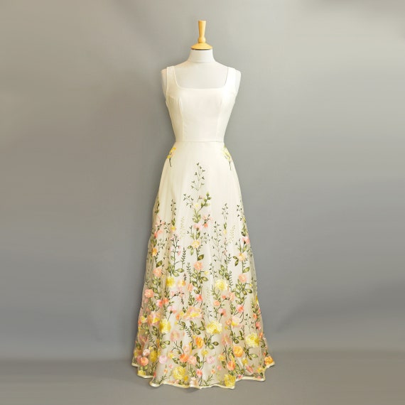 yellow ivory wedding dress & Peach Floral Dahlia Gown with Satin global-main_fabric-Silk Jacquard