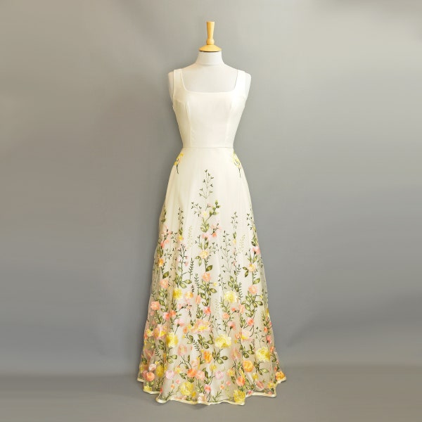 Yellow & Peach Dahlia Wedding Gown with Ivory Duchess Satin - 'Isabella' - Made to order by Dig For Victory