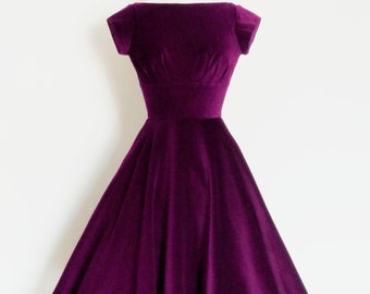 Royal Purple Velvet Evening Dress with Circle Skirt and Cap Sleeves - Made by Dig For Victory