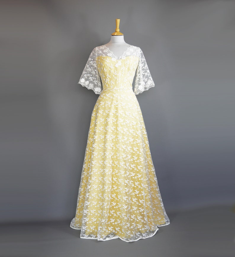 Vintage Style Wedding Dresses, Vintage Inspired Wedding Gowns     Delilah Wedding Gown in Daisy Lace & Yellow Cotton - Boho Wedding Dress - Made by Dig For Victory  AT vintagedancer.com