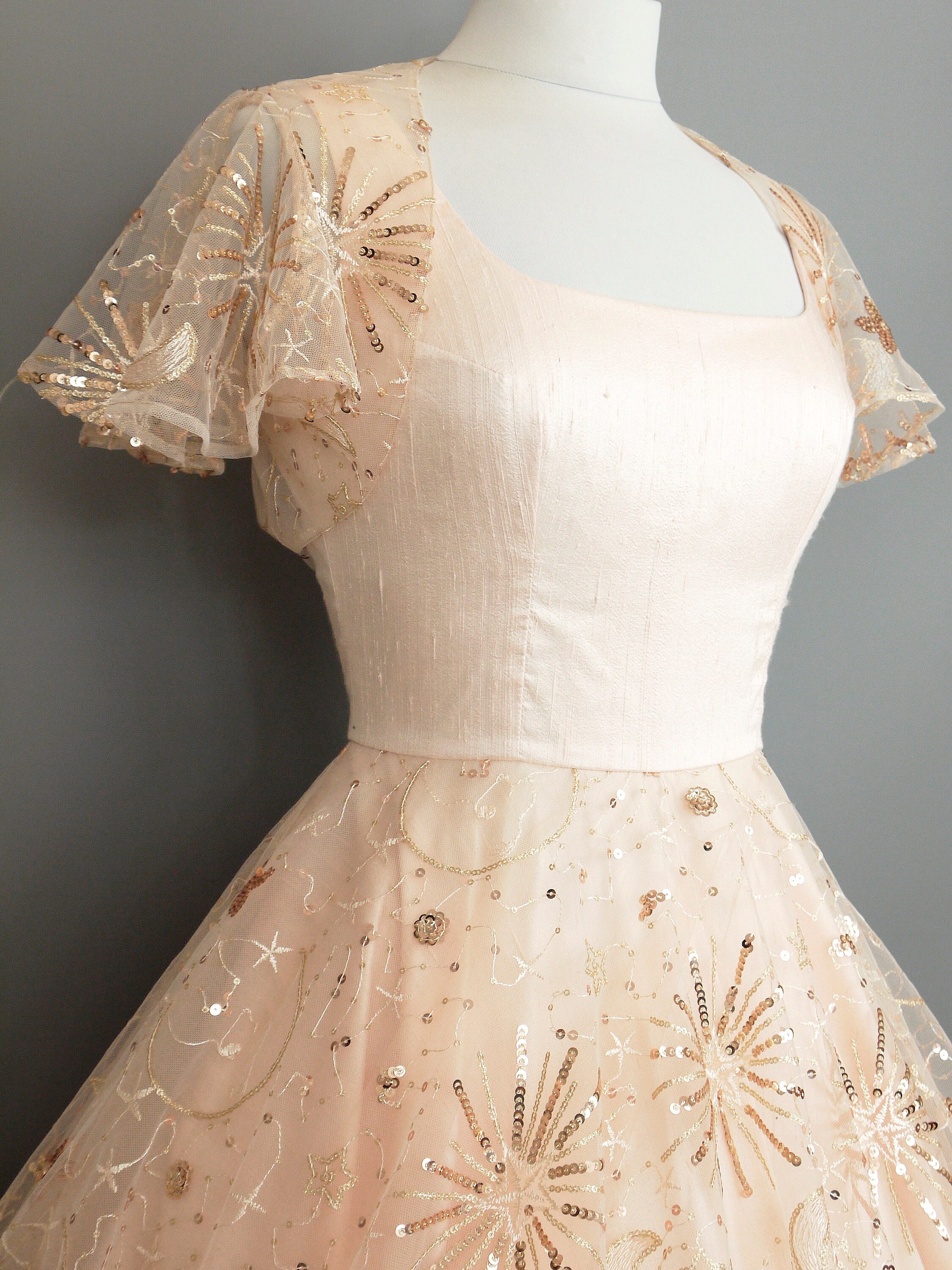 Size UK 16 (US 12-14/EU 44) Celestial Bolero in Pink Copper Moon & Stars Lace  with Lace Flutter sleeves - Made by Dig For Victory
