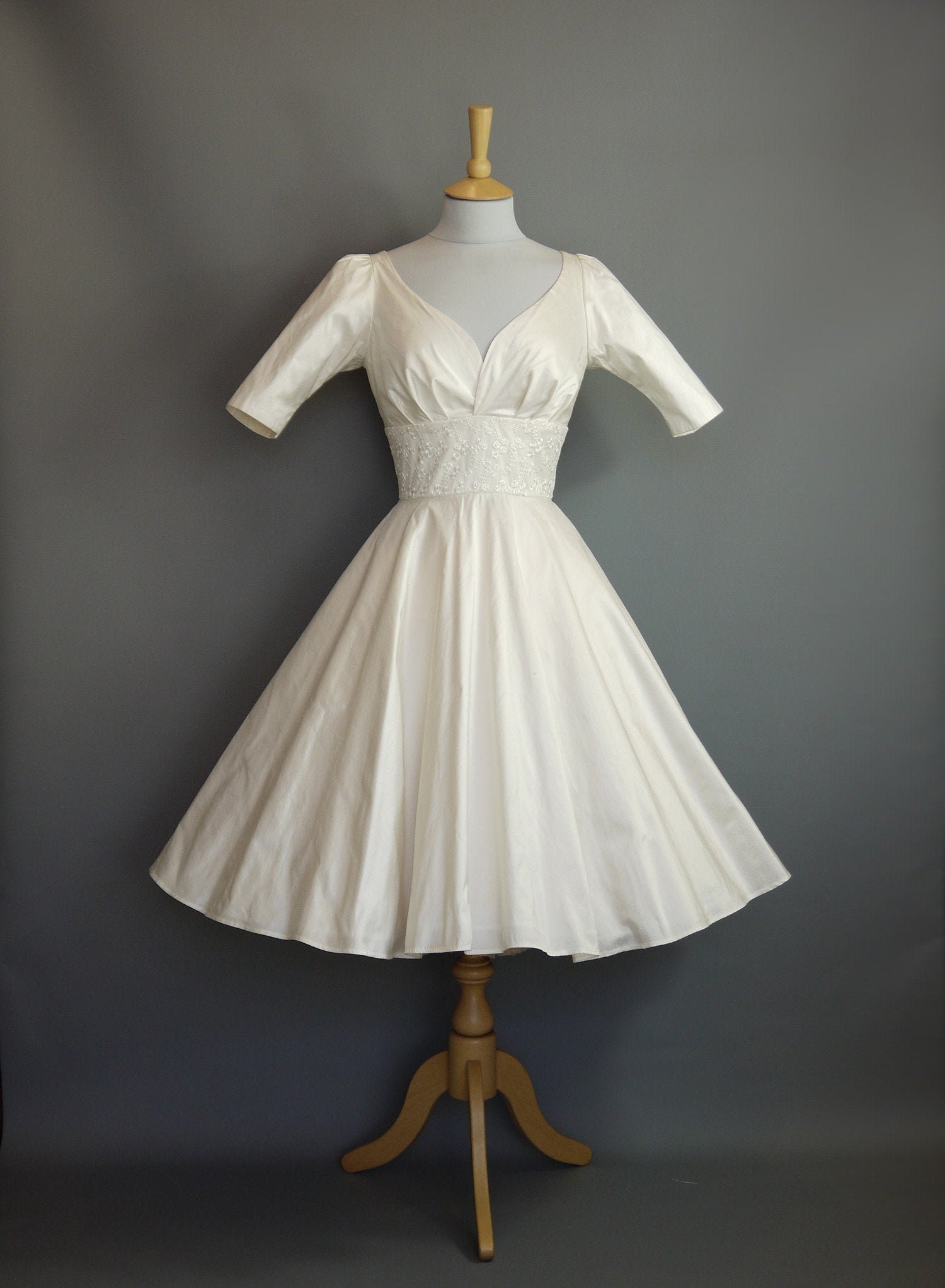 Ruby Wedding Dress in Ivory Silk With Lace Waistband - Knee