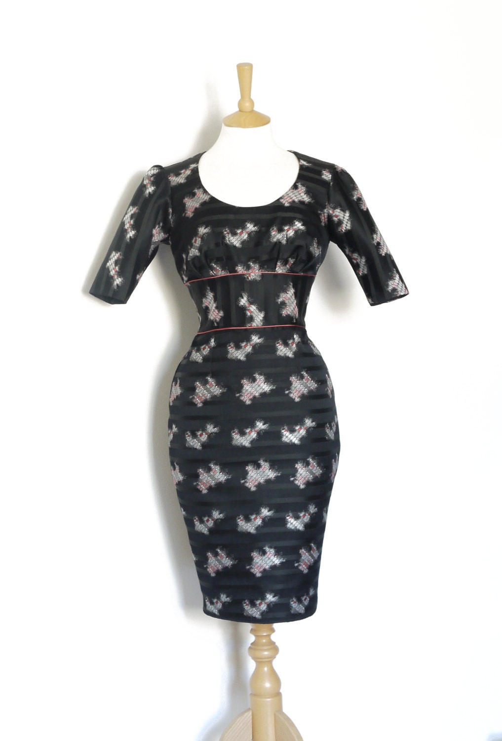 Image of Size Uk  | Us /Eu  - Black Striped Evening Silk Brocade Pencil Dress Made By Dig For Victory